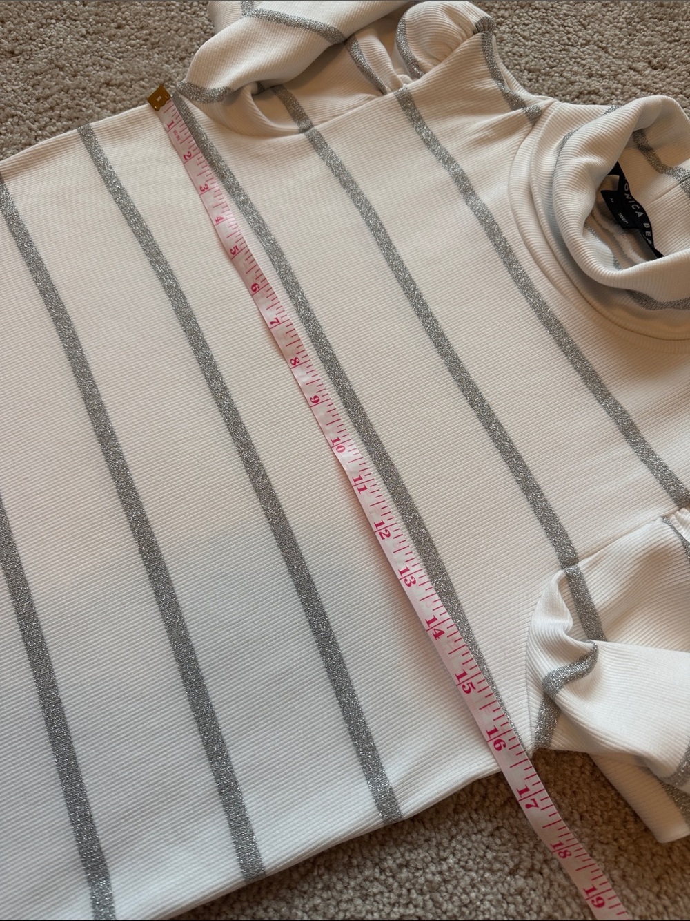 Veronica Beard Cedar Metallic Stripe Puff Sleeve Turtleneck White Long Sleeve - Picture 7 of 8